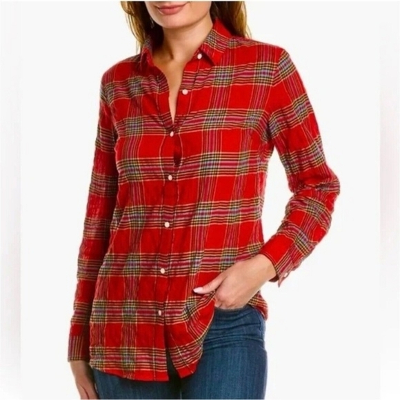 J. MCLAUGHLIN Women’s red plaid cotton long sleeve button up top Size M - Picture 1 of 5